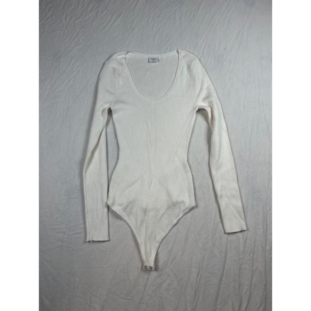 Abercrombie & Fitch Womens White Ribbed Long Sleeve Scoop Neck Bodysuit Size M